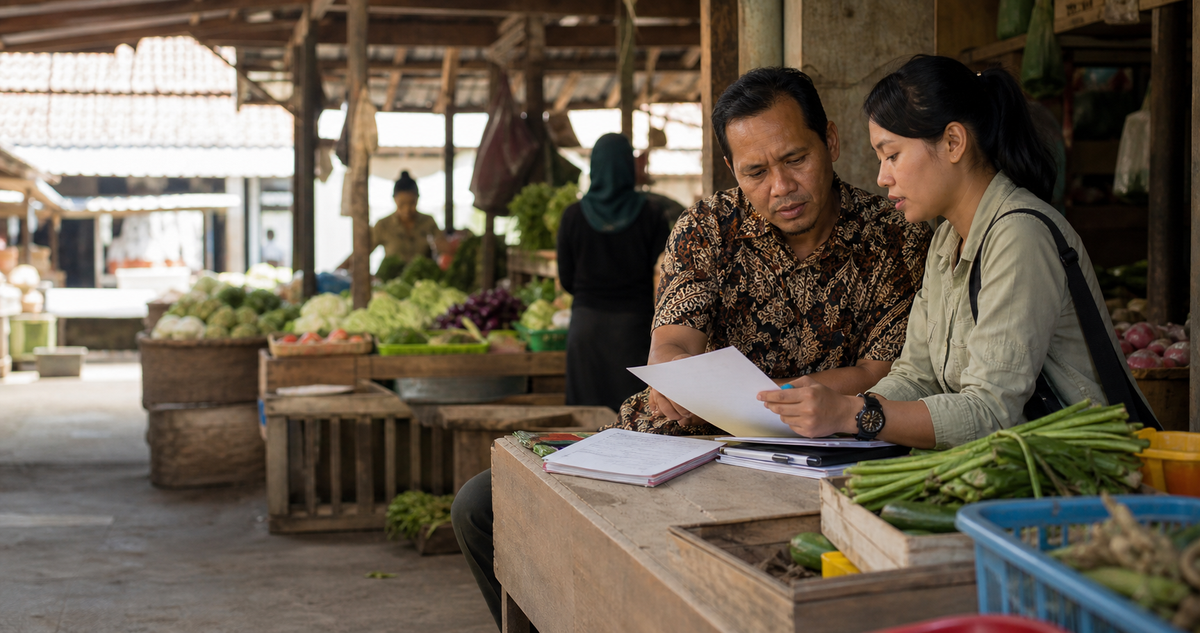 Reporter dan pengelola koperasi memeriksa dokumen distribusi di pasar